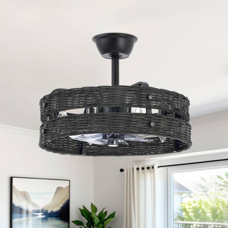 18.5" Boho Rattan Caged Ceiling Fan with Light Kit and Remote Control - Black