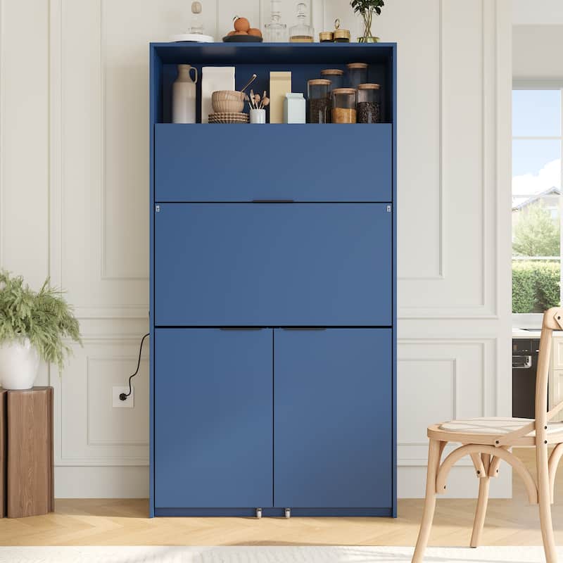 69" Kitchen Pantry Buffet with Hutch, Foldable Workstation & Power Outlet