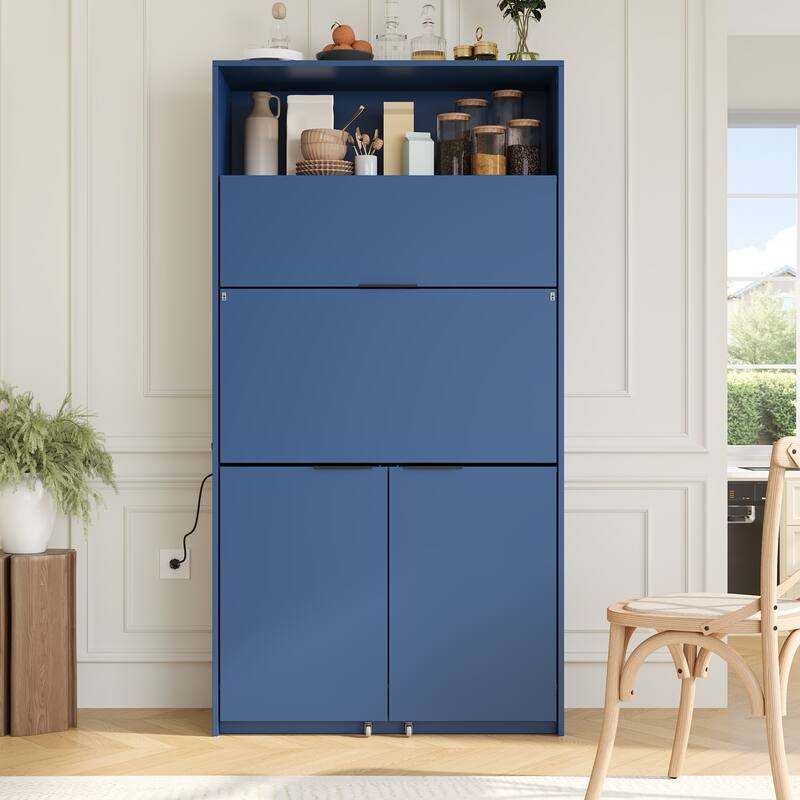 Compact Kitchen Pantry Storage Cabinet, 69" H Buffet Sideboard Server Table with Drop-Down Workstation & Power Outlet