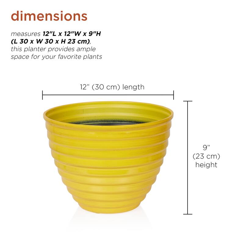 12" Yellow Ribbed Plastic Planter