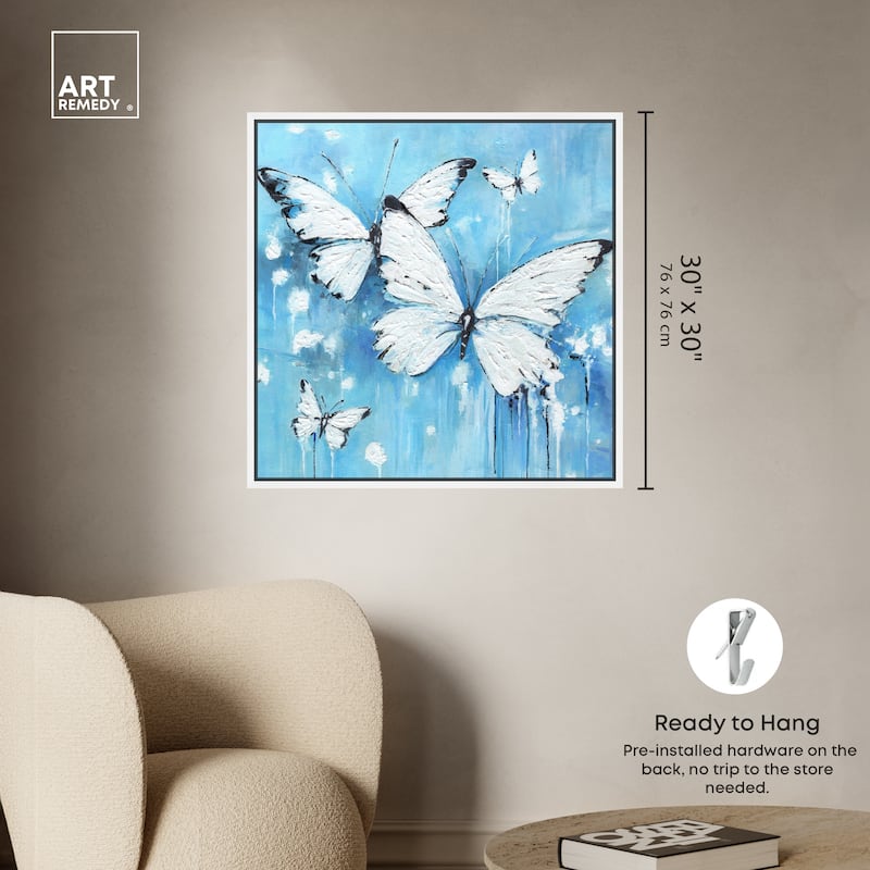 Art Remedy Textured Blue Butterflies Framed Butterfly 1 Piece Canvas Wall Art