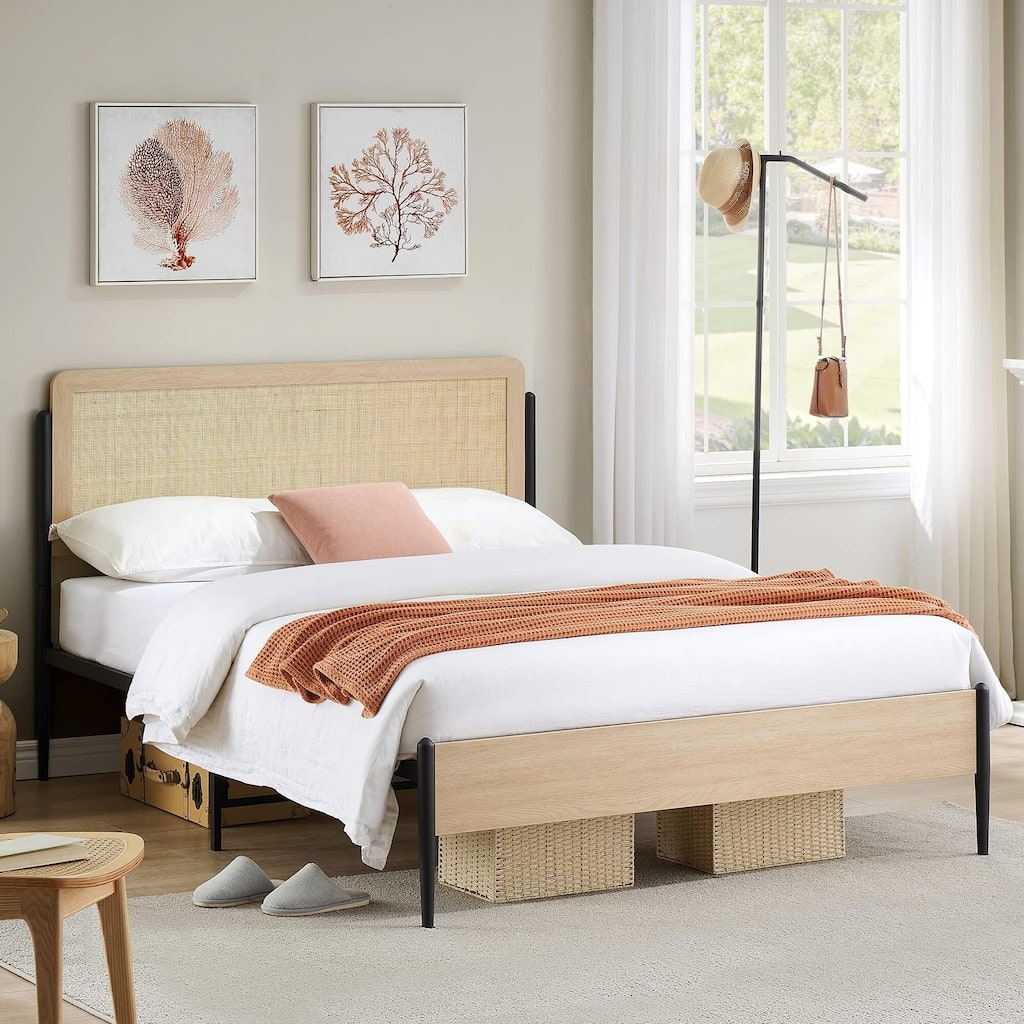 Rattan Bed Frame with Natural Rattan Headboard
