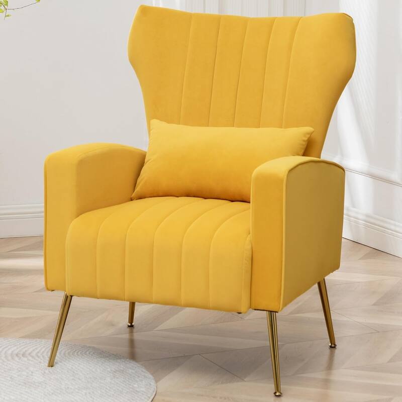 HOMYKA Accent Chair Upholstered Velvet Wingback Armchair with Pillows - Yellow