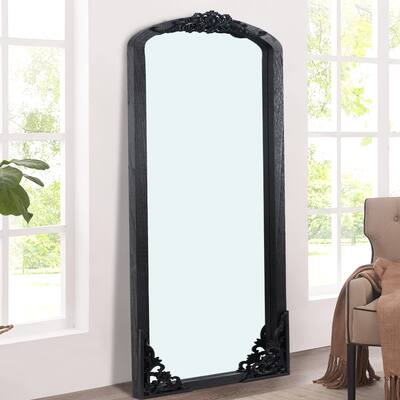 Arched Full-Length Rustic Solid Wood Carving Floor Mirror