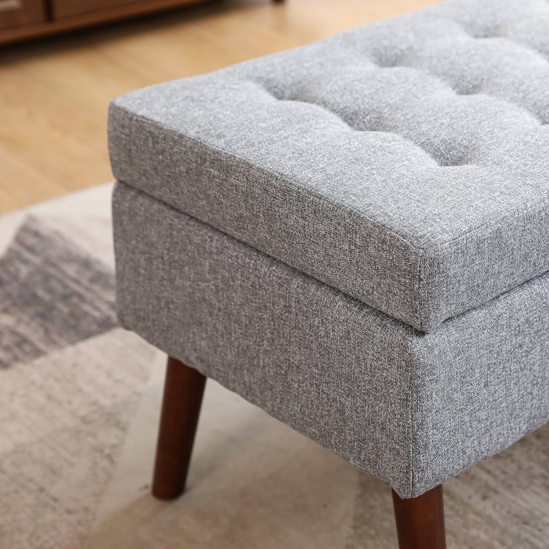 Linen Tufted Storage Bench with Safety Hinge and Wood Legs