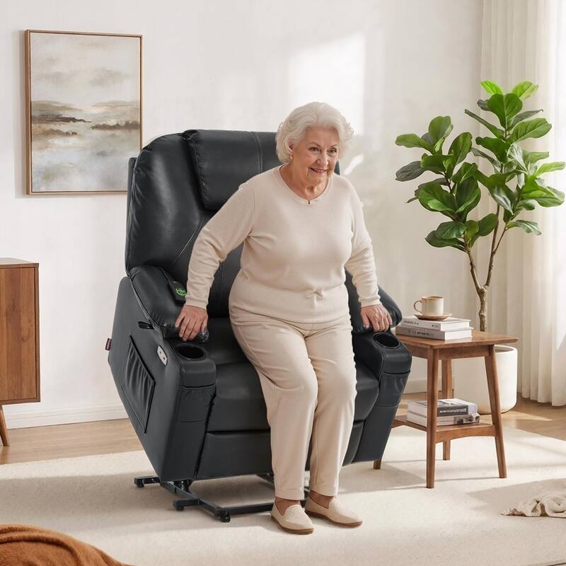 MCombo Medium-Wide Power Lift Recliner Chair Sofa with Massage and Heat for Elderly People, Faux Leather R7045