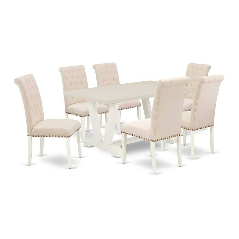 7 Piece Dining Set - Rectangle Table with 6 Linen Parson Chairs - 36x60 Inch - 60