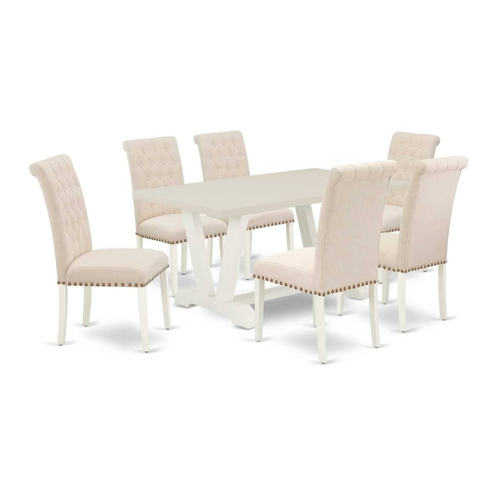 HomeStock 7-Pc Rectangle Natural Oak Finish Solid Wood Top Dining Table with 6 Parson-Chairs