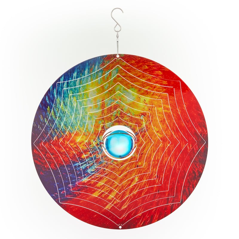 Alpine Corporation 12" Round Outdoor Hanging Metal Planet Wind Spinner with Blue Glass Ball