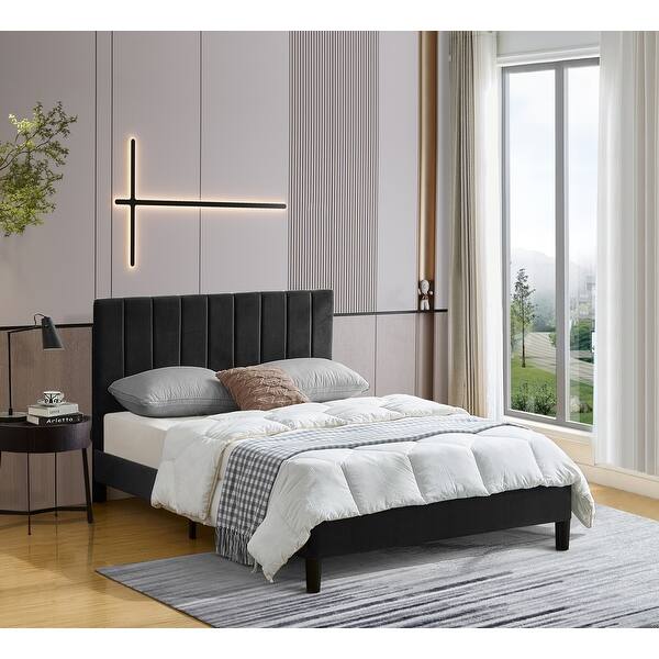 Black Queen Platform Bed Frame with Upholstered Headboard Slat Support
