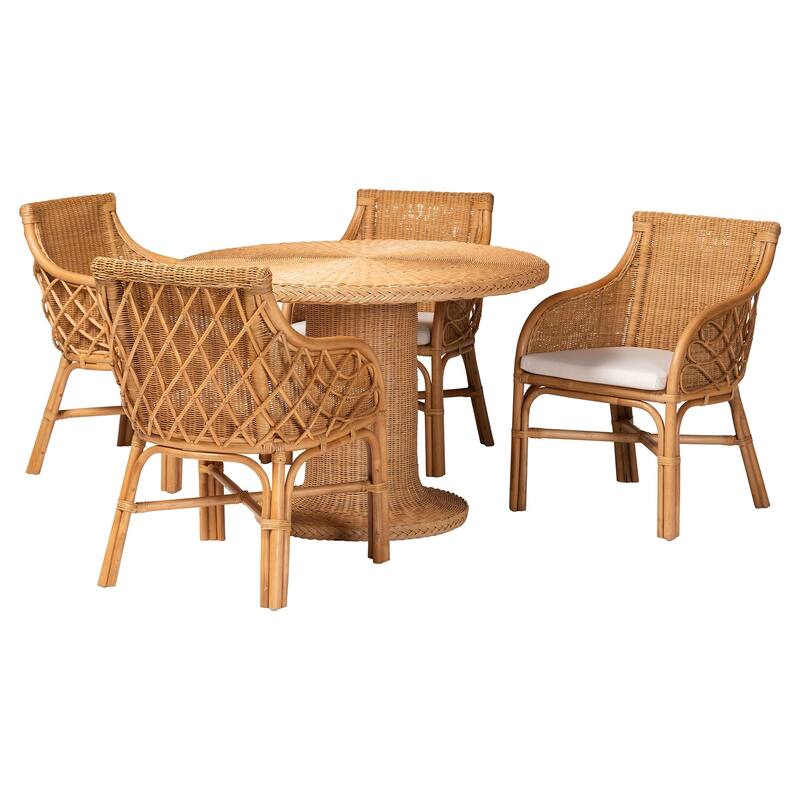 Wymond 5-Piece Rattan Dining Set - Round Wicker Table with Pedestal Base and 4 Armchairs, Woven Boho Coastal Style for Dining - Light Honey