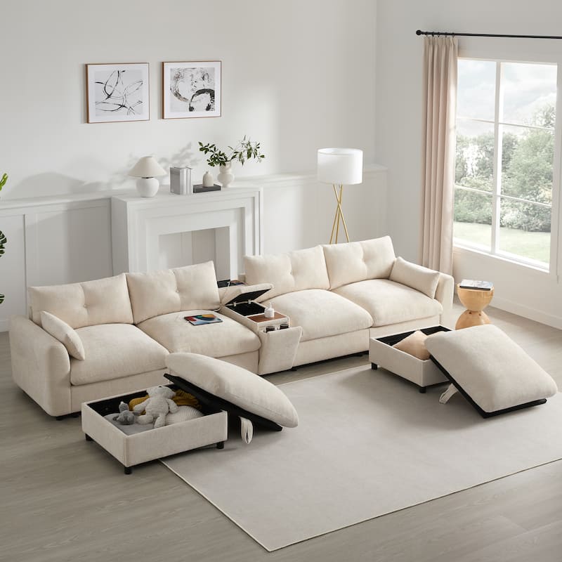 Roomfitters U-Shaped Chenille Sectional Sofa with Storage Ottoman, USB Console and Cup Holder, 6-Seat Modular Couch