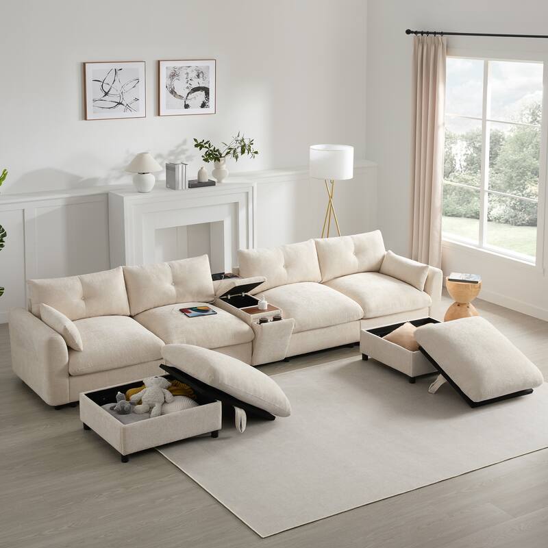 U Shaped Modular Sectional Sofa w/Ottoman, Console, Cup Holder, USB