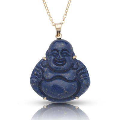 Curata 14k Yellow Gold 18" Carved Dyed Blue Lapis Buddha Eyes Pendant Necklace (22mm x 28mm) - 25mmx30mm