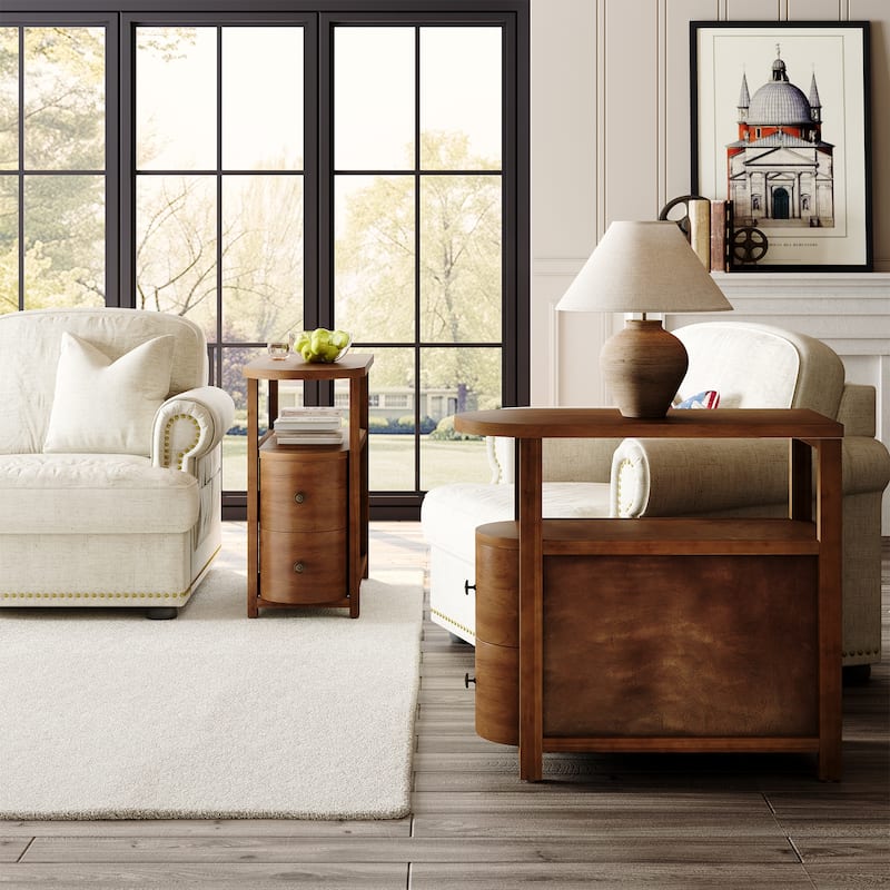 2 Drawer Solid Wood Side End Table, Fully Assembled, Narrow Slim Design