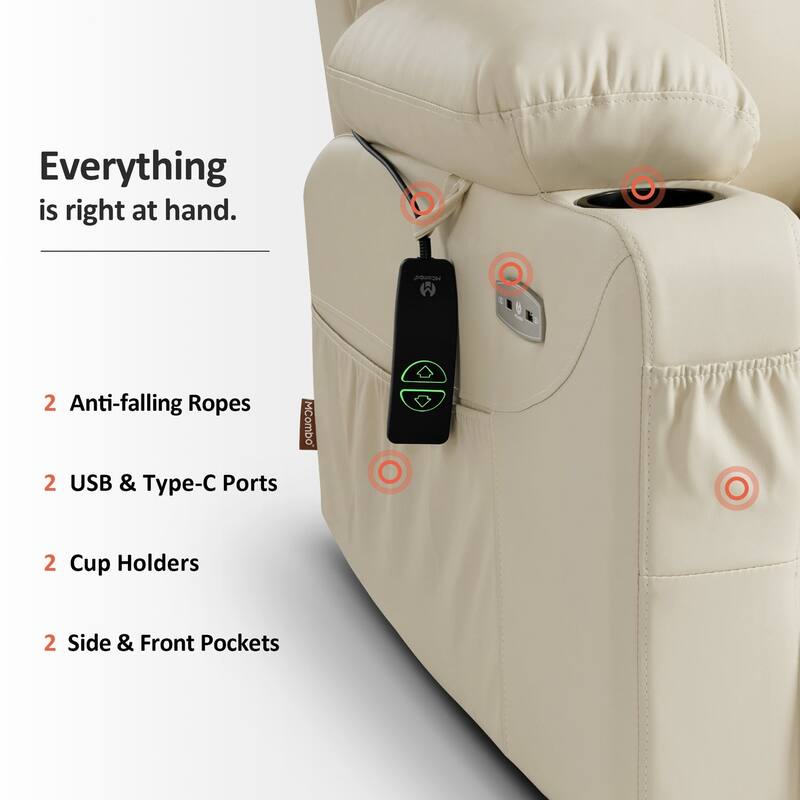 MCombo Electric Power Lift Recliner Chair Sofa with Massage and Heat, 3 Positions, USB Ports, Faux Leather 7040