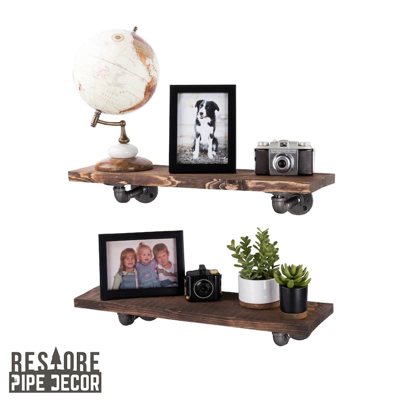 Restore Wood 24 in. Wall Shelf, L-Shape Steel Pipe Brackets, Set of 2 - Sunset Brown
