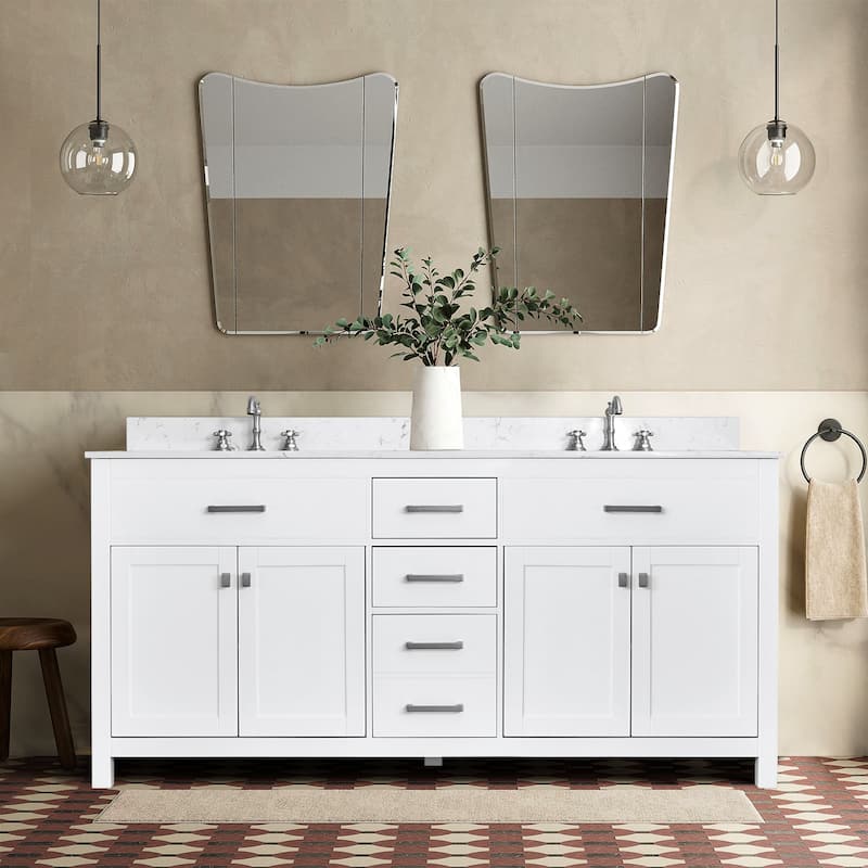 Prismatica Double Sinks Bathroom Vanity 72 in White, Marble Top & Splash