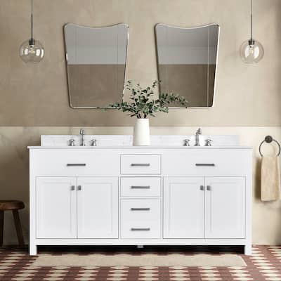 Prismatica Double Sinks Bathroom Vanity 72 in White, Marble Top & Splash