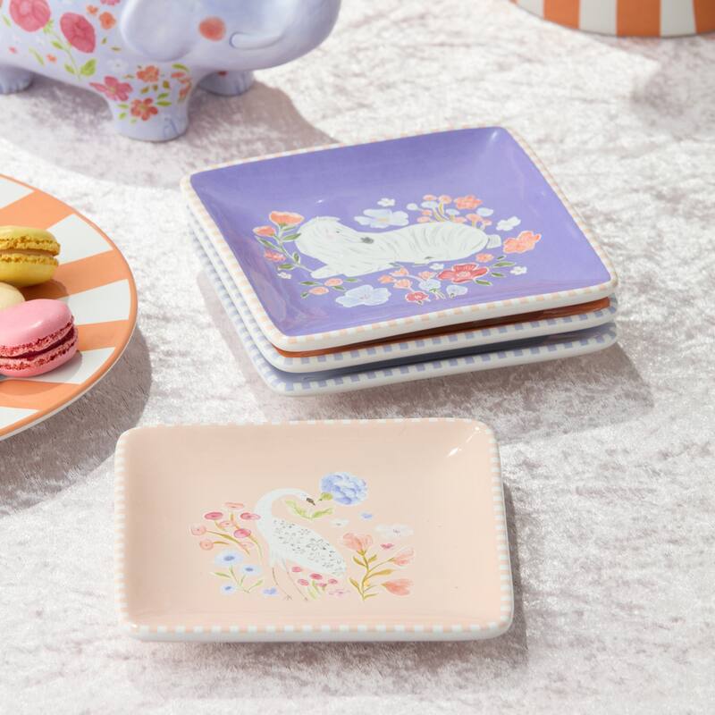 Certified International Menagerie 6" Canape/Luncheon Plates, Set of 4 Assorted Designs - 6.00"L x 6.00"W x 0.75"H