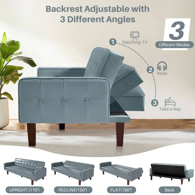 74.4” L Faux Leather Full Handcrafted Button Tufted Sofa 3-Seat, Convertible Sleeper Couch Adjustable Backrest