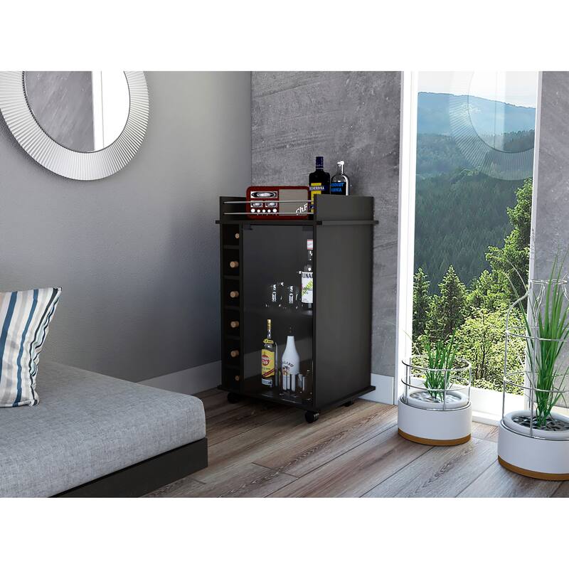 Dukat Bar Cart,Two Shelves, Six Built-in Wine Rack, Four Casters -Black