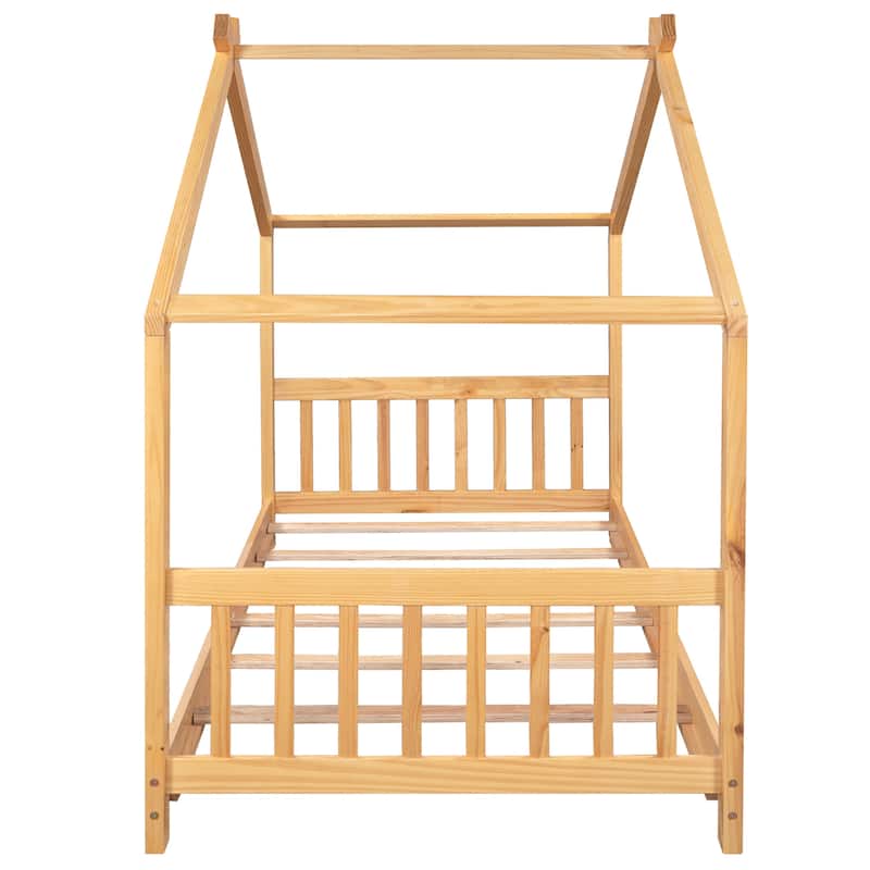 Twin Size House Platform Bed with Headboard and Footboard,Roof Design, White
