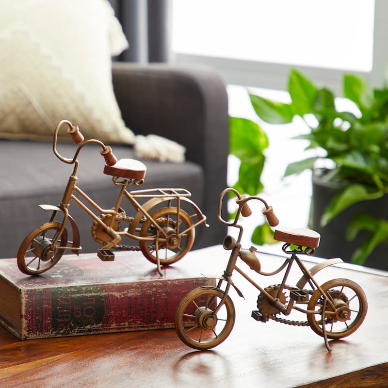 Gold Metal Bike Decorative Sculpture with Wood Accents (Set of 2) - 11 x 5 x 8
