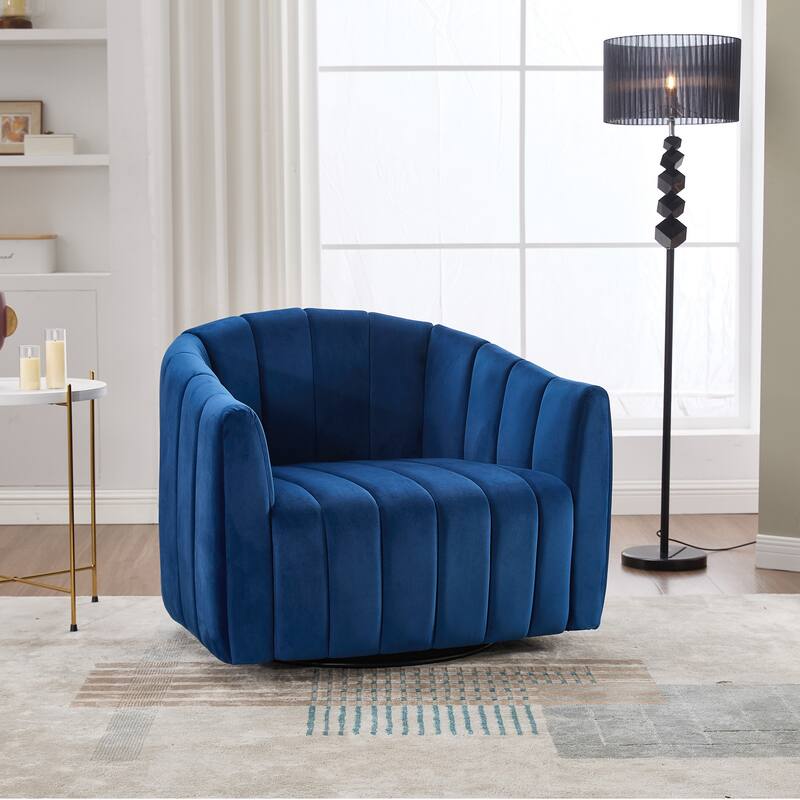 Roomfitters Oversized Swivel Barrel Chair, Velvet Channel Tufted Pumpkin-Shape Club Armchair with 3 Pillows for Living Room