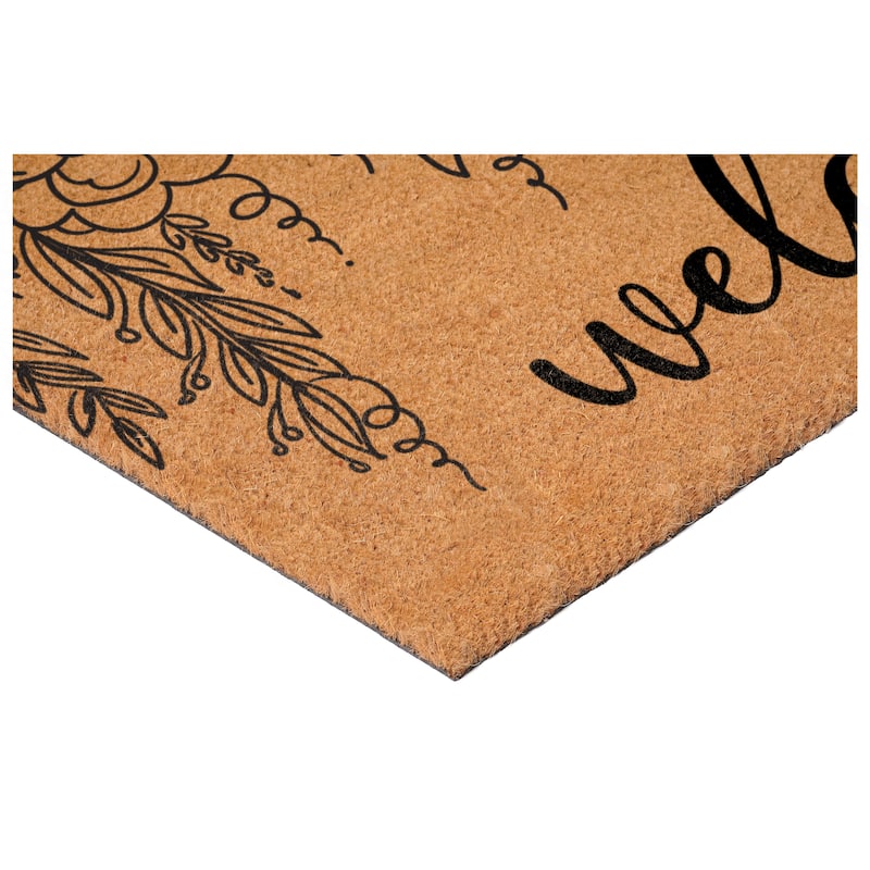 HomeRoots 17" X 29" Brown And Natural Floral Welcome Outdoor Coir Door Mat - 17.00' X '29.00