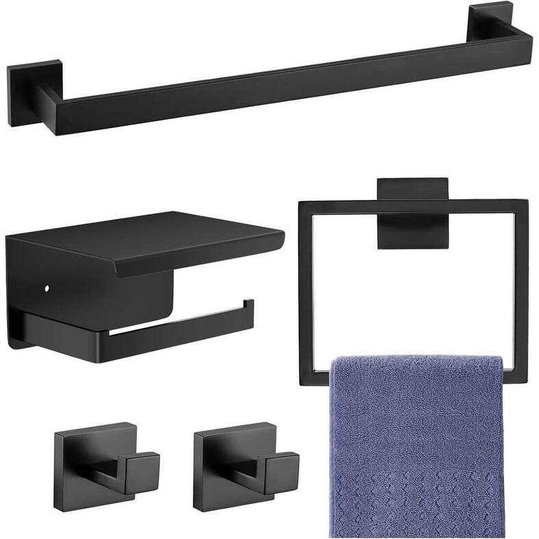 Matte Black Bathroom Accessories Set, Stainless Steel Bathroom Hardware Set, 16 Inch Towel Bar. - Black