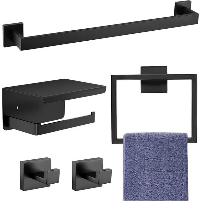 Matte Black Bathroom Accessories Set, Stainless Steel Bathroom Hardware Set, 16 Inch Towel Bar.