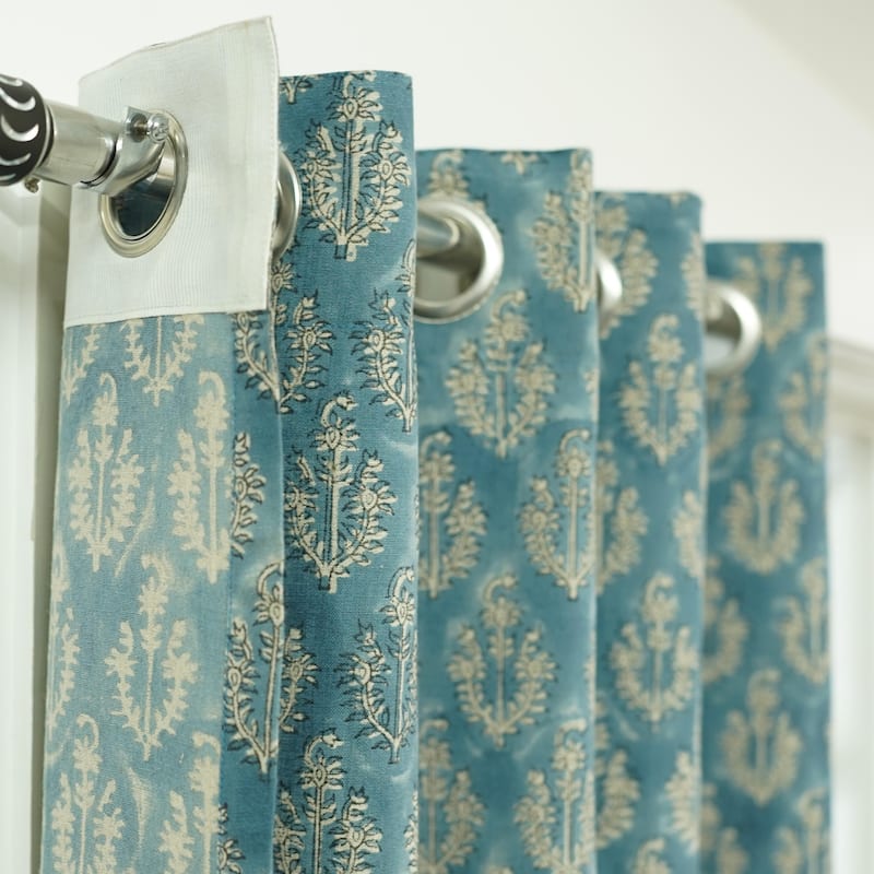 Fabdivine Handmade Soft Pure Linen Fabric Eyelet Curtain Block Print Floral Drape - 54" X 29" - Neelgagan- Teal