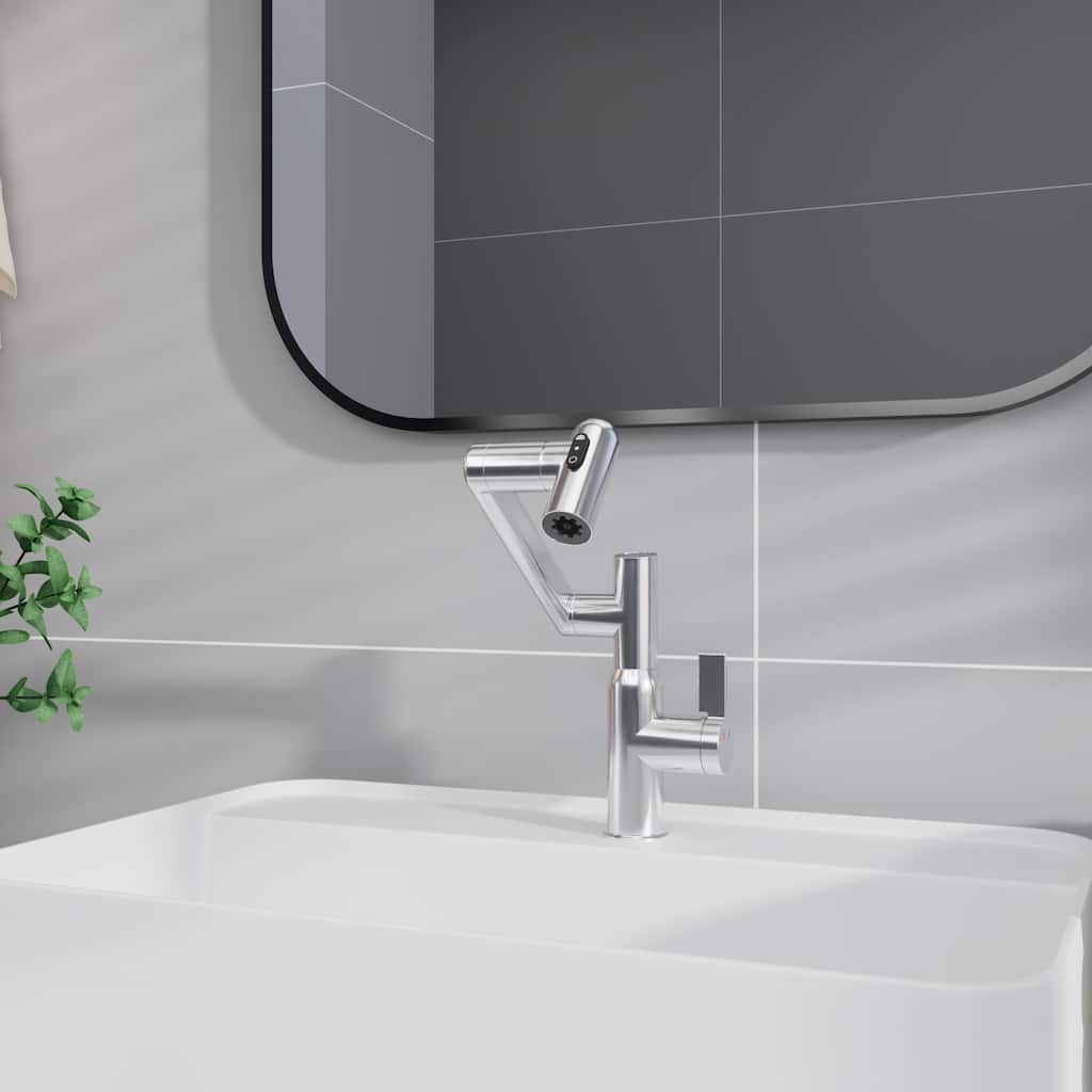 Chrome Bathroom Sink Faucet with Spray Function and Temperature Display for Anti-Skid Switch and Hot & Cold and 360° Rotary