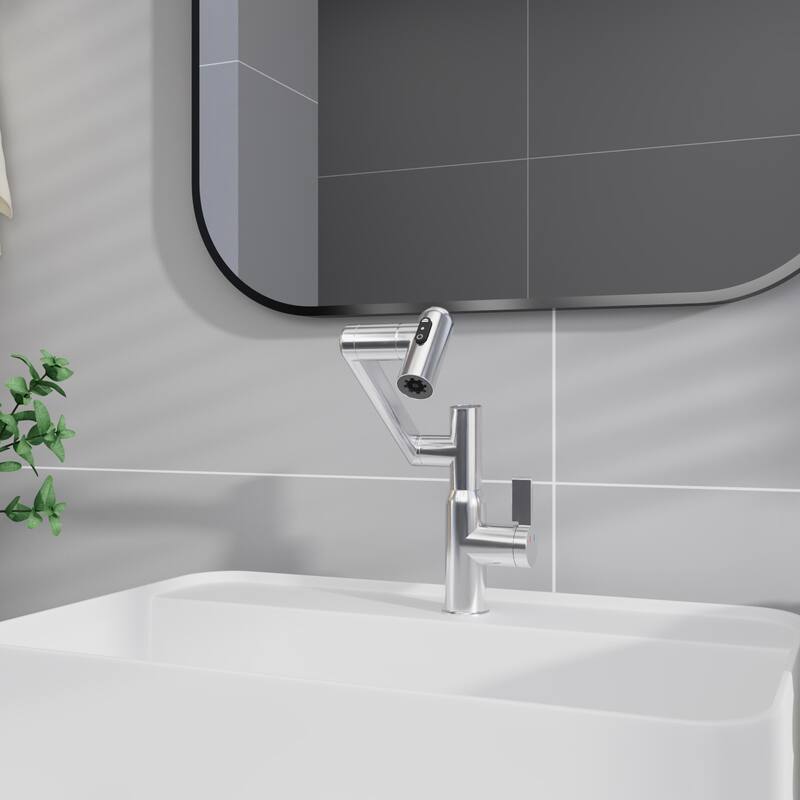 Single Handle 360° Swivel Bathroom Sink Faucet with Spray Function and Temperature Display, Anti Corrosion and Anti Rust - Off-White