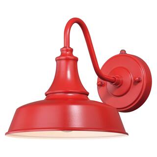 VAXCEL Dorado 1-Light Red and White Dusk to Dawn Sensor Farmhouse Outdoor Wall Sconce, Gooseneck Steel Shade, Dark Sky Compliant