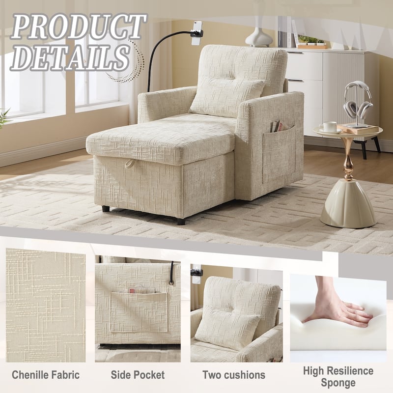 Multifunctional Lazy Person Sofa Recliner,Storage Backrest With Cell Phone Bracket Chenille Single Leisure Chair