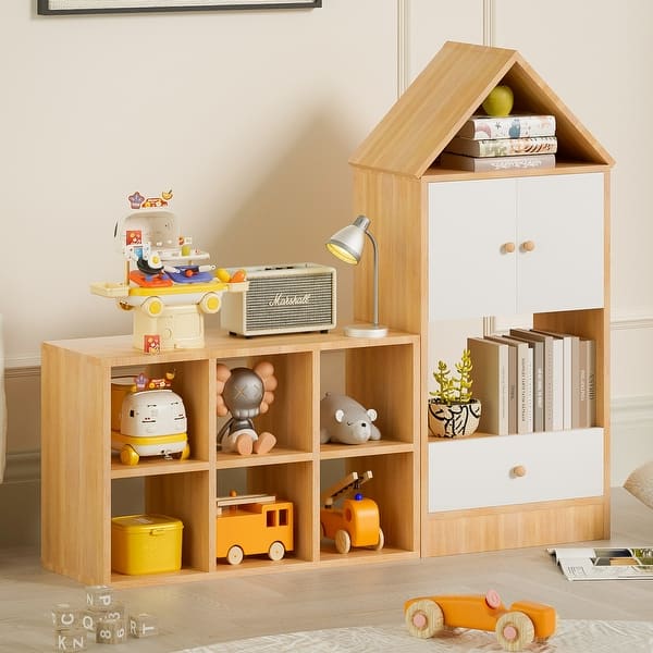 slide 2 of 15, Children's Bookshelf with House-Shaped Design,Multi-Functional Storage,Adjustable Placement,Kids Organizer,Easy Assembly & Safe Burly Wood
