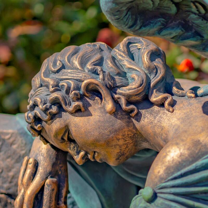35" T Magnesium Napping Angel On Bench in Antiq. Bronze "Seraphina"