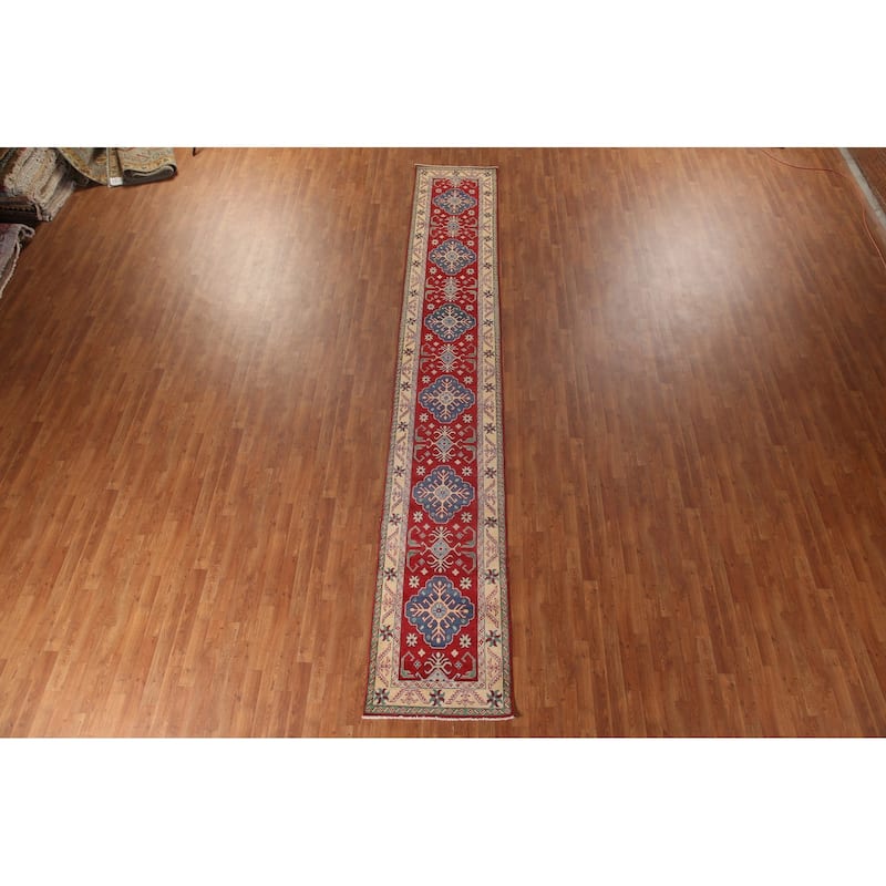 Kazak Runner Rug Hand-Knotted Traditional Red Wool Carpet - 2'5" x 15'11"