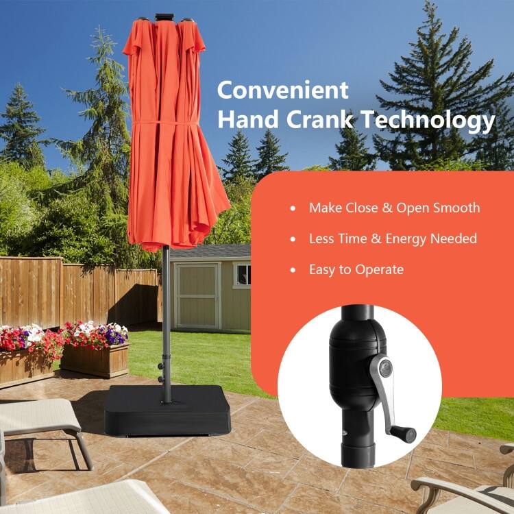 15FT Double Sided Patio Umbrella with LED Lights and Hand Crank Canopy