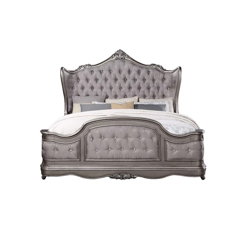 King Size Bed Frame Glam Style Antique Platinum Finish Bedroom Furniture