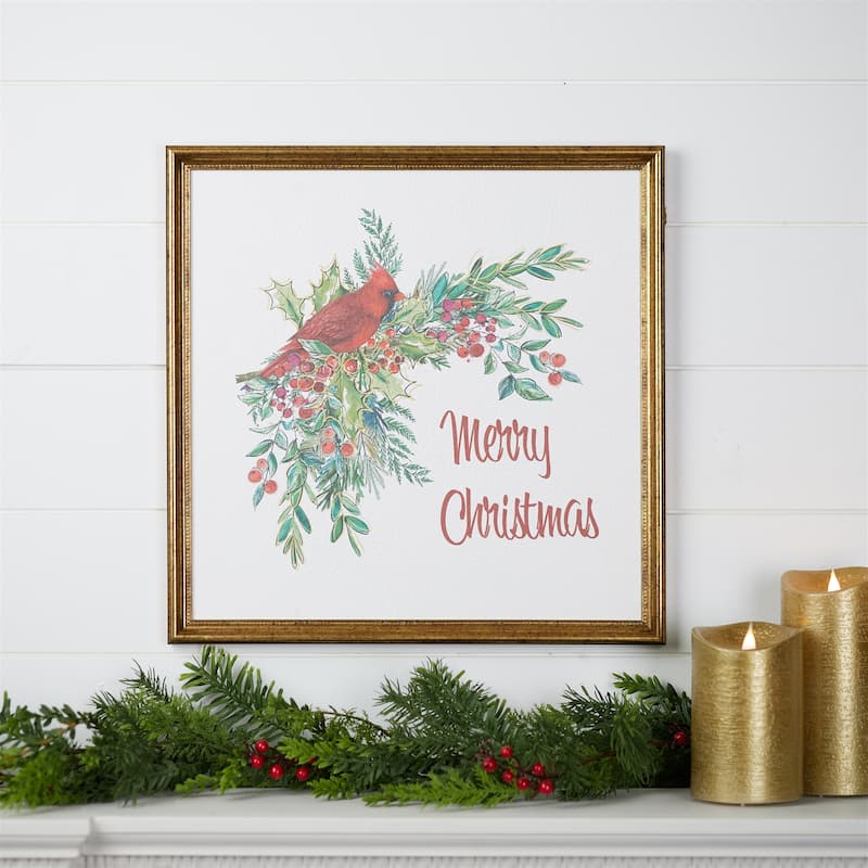 Holiday Cardinal Wall Hanging with Gold Frame Seasonal Merry Christmas Decoration Indoor Use - 16”L x 0.75”W x 16”H