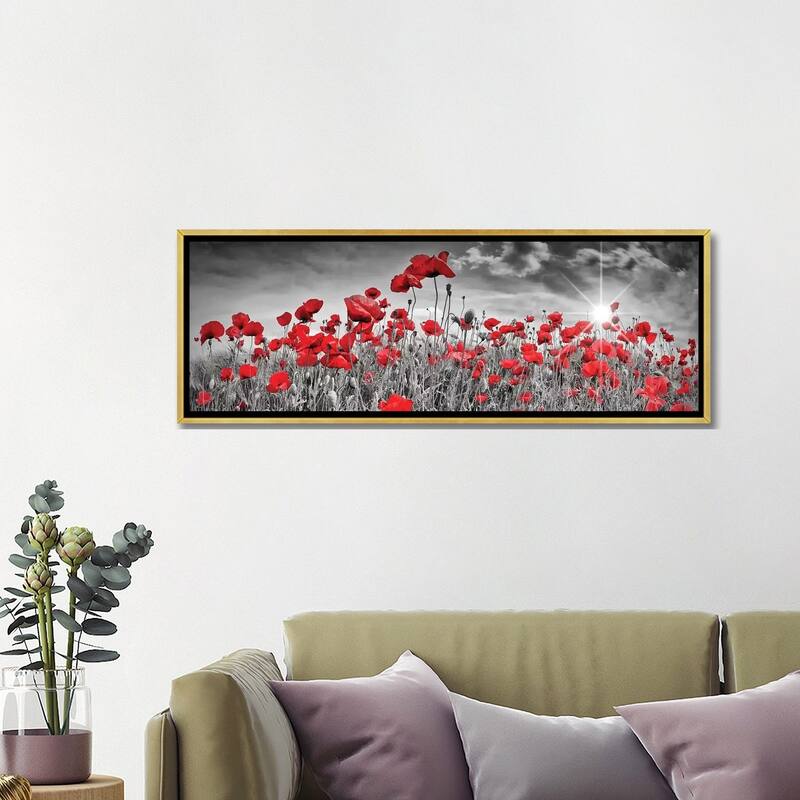 iCanvas "Idyllic Field Of Poppies With Sun Panorama" by Melanie Viola Framed Canvas Print