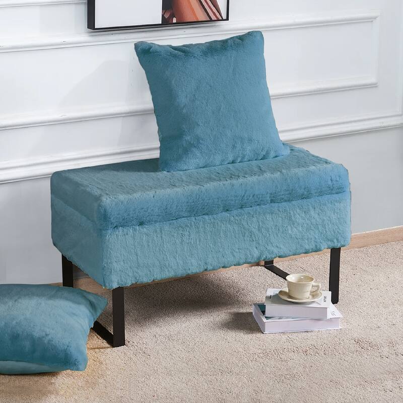 Heavy FauxFur Storage Ottoman with 2 Pillow Set