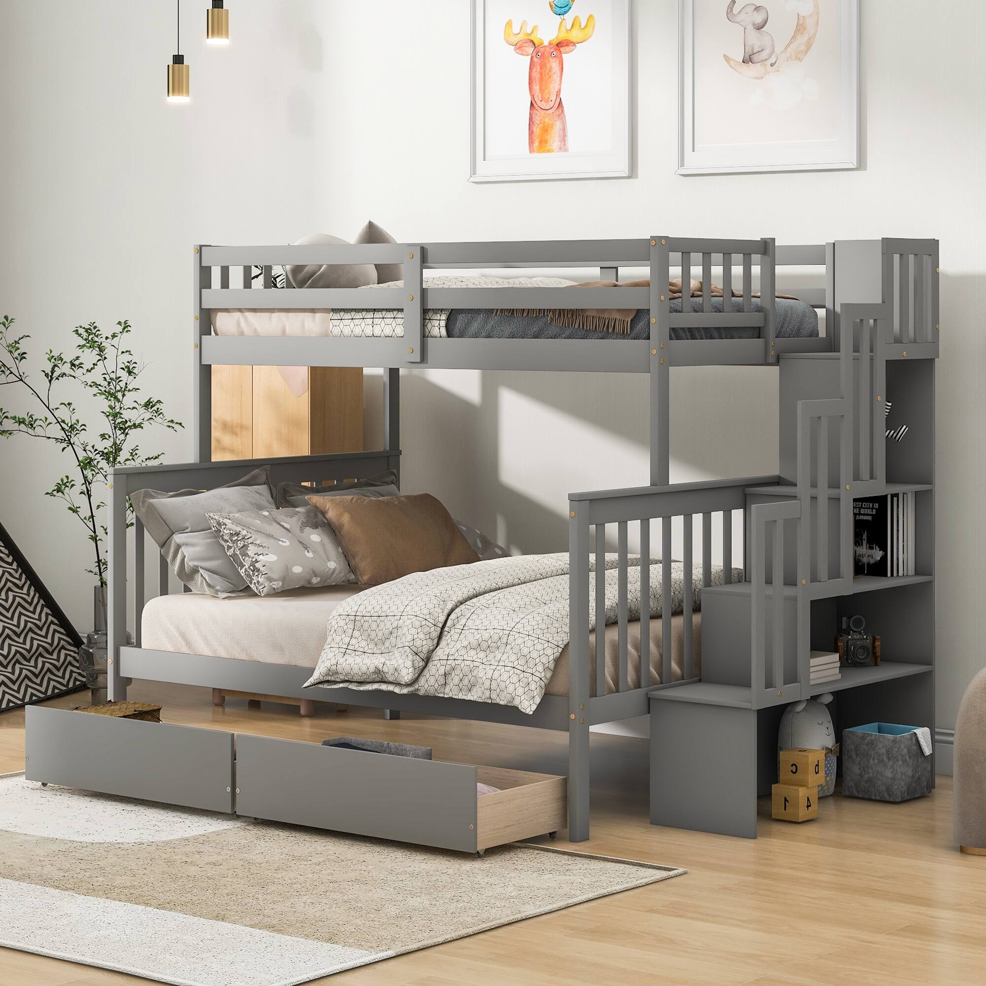 Twin Over Full Bunk Bed with Staircase, Drawers, and Convertible Design