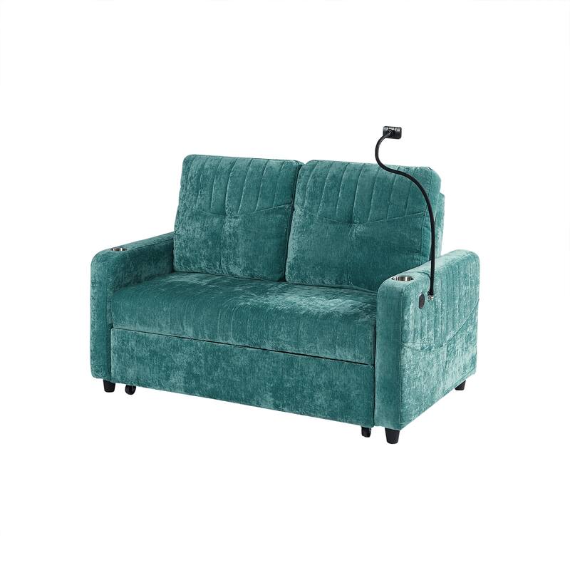 Chenille Loveseat Convertible Pull-out Sleeper Sofa Bed, Tufted Couch w2 Cup Holders Phone Holder & 3 USB Ports, Pockets