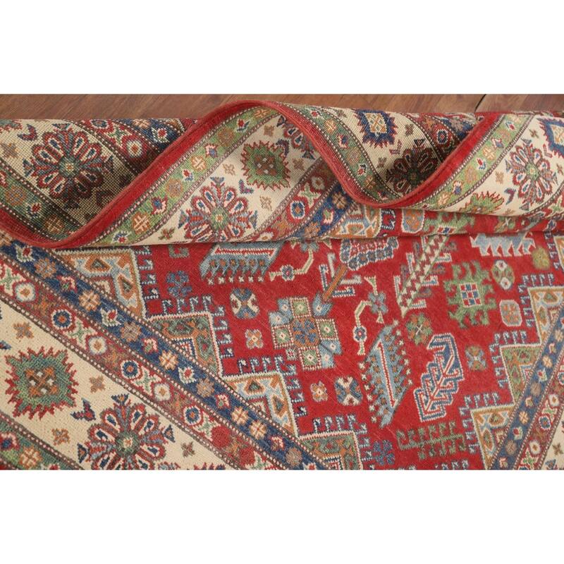 Geometric Kazak Area Rug Hand-Knotted Oriental Wool Carpet - 4'11" x 6'3"