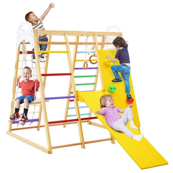 slide 2 of 2, 8-in-1 Wooden Jungle Gym Playset with Monkey Bars - 50" x 46.5" x 54.5"