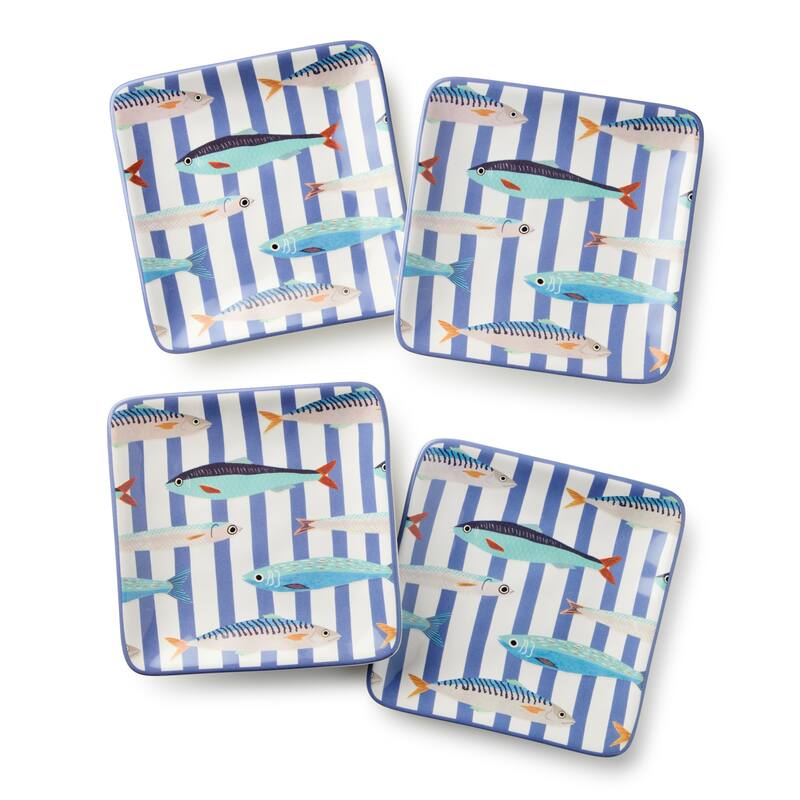 Certified International Something Fishy 6" Canape/Luncheon Plates, Set of 4 Assorted Designs - 6.00"L x 6.00"W x 0.75"H